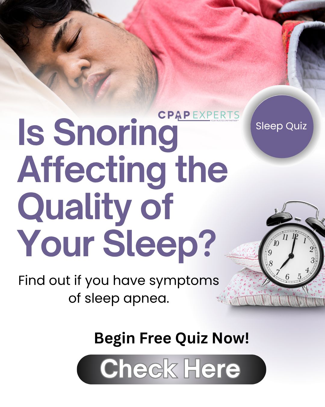 Sleep apnea awareness image asking if snoring is affecting sleep quality, promoting a free sleep quiz to check symptoms of sleep apnea.
