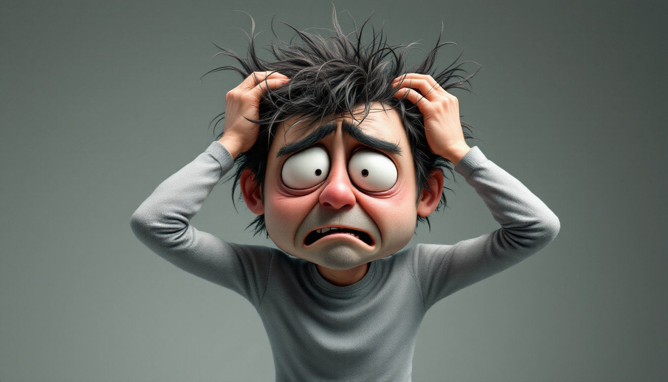 Overwhelmed cartoon man pulling his hair in frustration.