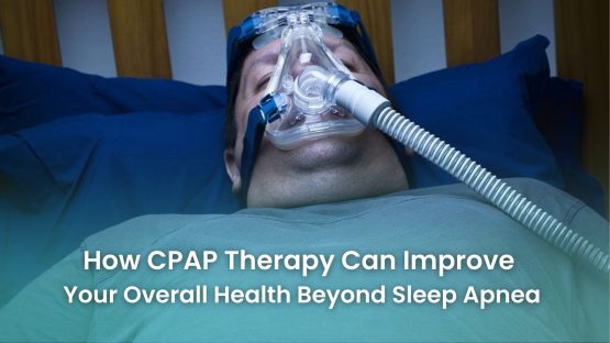 Man using CPAP mask during sleep therapy at night